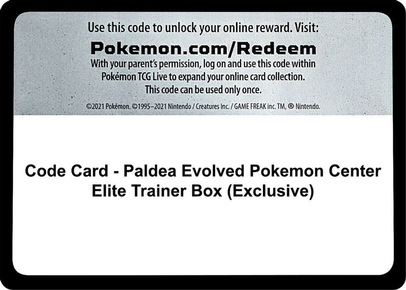 Code Card - Paldea Evolved Pokemon Center Elite Trainer Box (Exclusive) - Code Card