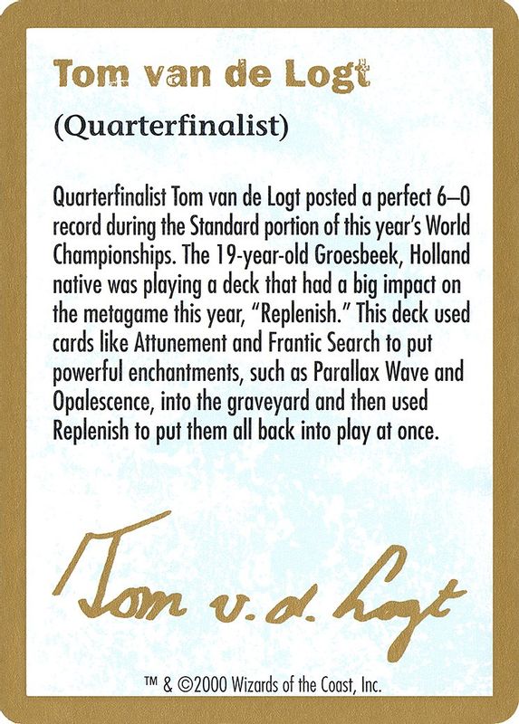 2000 Tom van de Logt Biography Card - Special