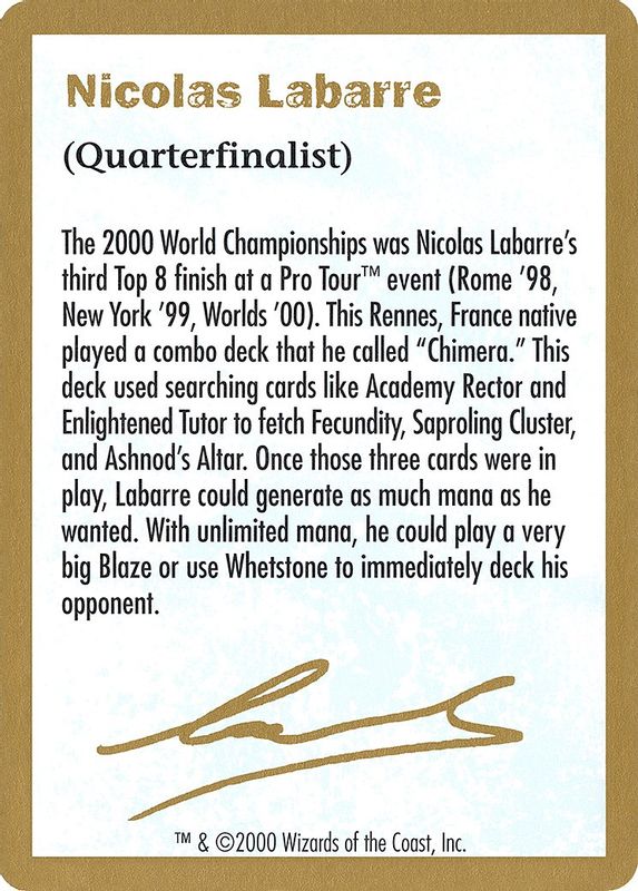 2000 Nicolas Labarre Biography Card - Special