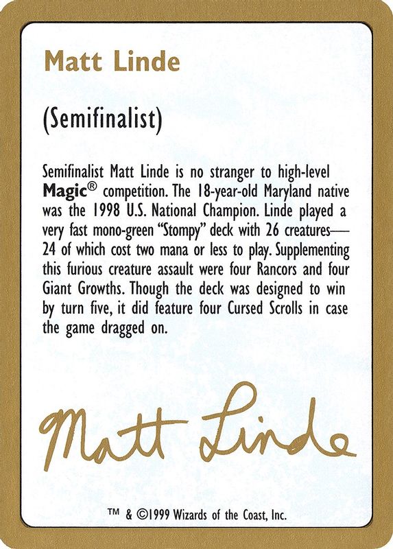 1999 Matt Linde Biography Card - Special