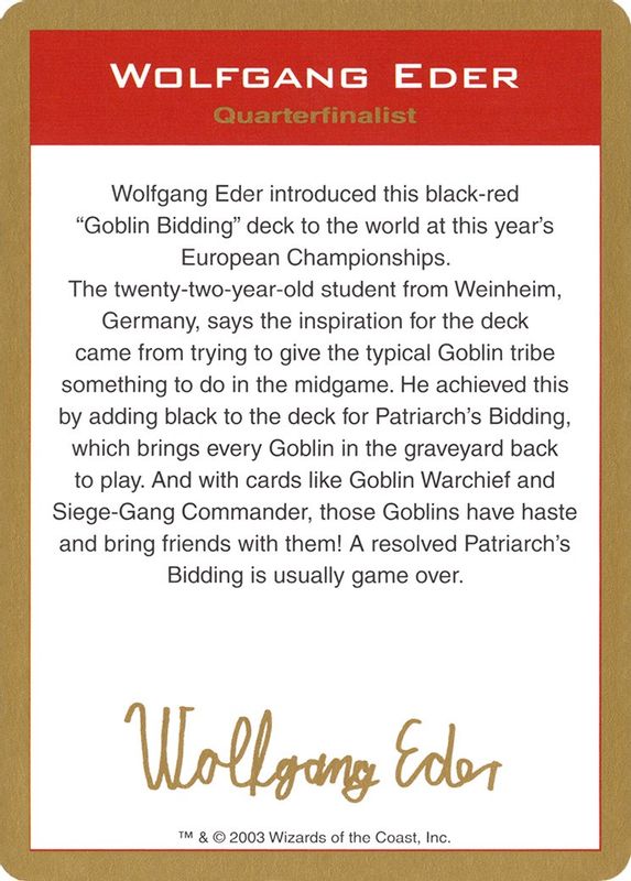 2003 Wolfgang Eder Biography Card - Special