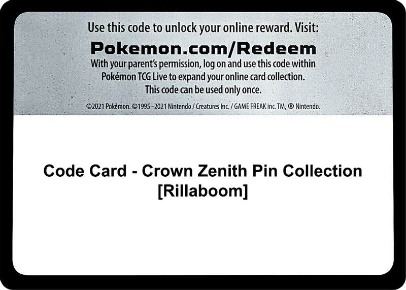 Code Card - Crown Zenith Pin Collection [Rillaboom] - Code Card