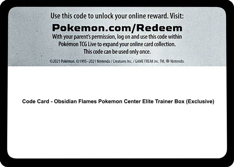 Code Card - Obsidian Flames Pokemon Center Elite Trainer Box (Exclusive) - Code Card
