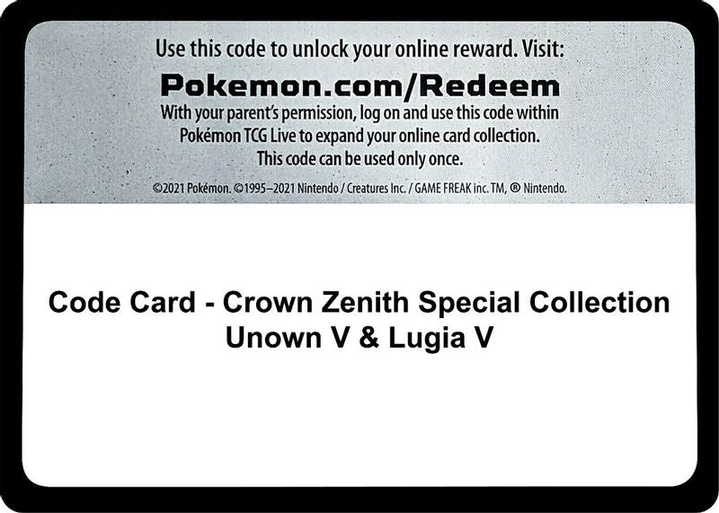 Code Card - Crown Zenith Special Collection [Unown V & Lugia V] - Code Card